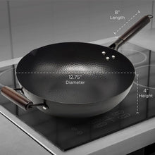 Load image into Gallery viewer, Home EC Carbon Steel Wok pan for Electric, Induction and Gas Stoves - 2mm Thick Stir Fry Frying Pan – Nonstick, Scratch Resistant, with wooden helper handle, wooden Lid, spatula, &amp; cleaning brush - Home EC