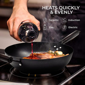 Home EC Carbon Steel Wok pan for Electric, Induction and Gas Stoves - 2mm Thick Stir Fry Frying Pan – Nonstick, Scratch Resistant, with wooden helper handle, wooden Lid, spatula, & cleaning brush - Home EC