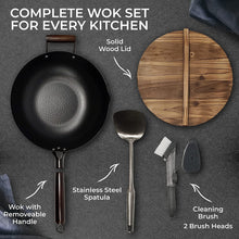 Load image into Gallery viewer, Home EC Carbon Steel Wok pan for Electric, Induction and Gas Stoves - 2mm Thick Stir Fry Frying Pan – Nonstick, Scratch Resistant, with wooden helper handle, wooden Lid, spatula, &amp; cleaning brush - Home EC