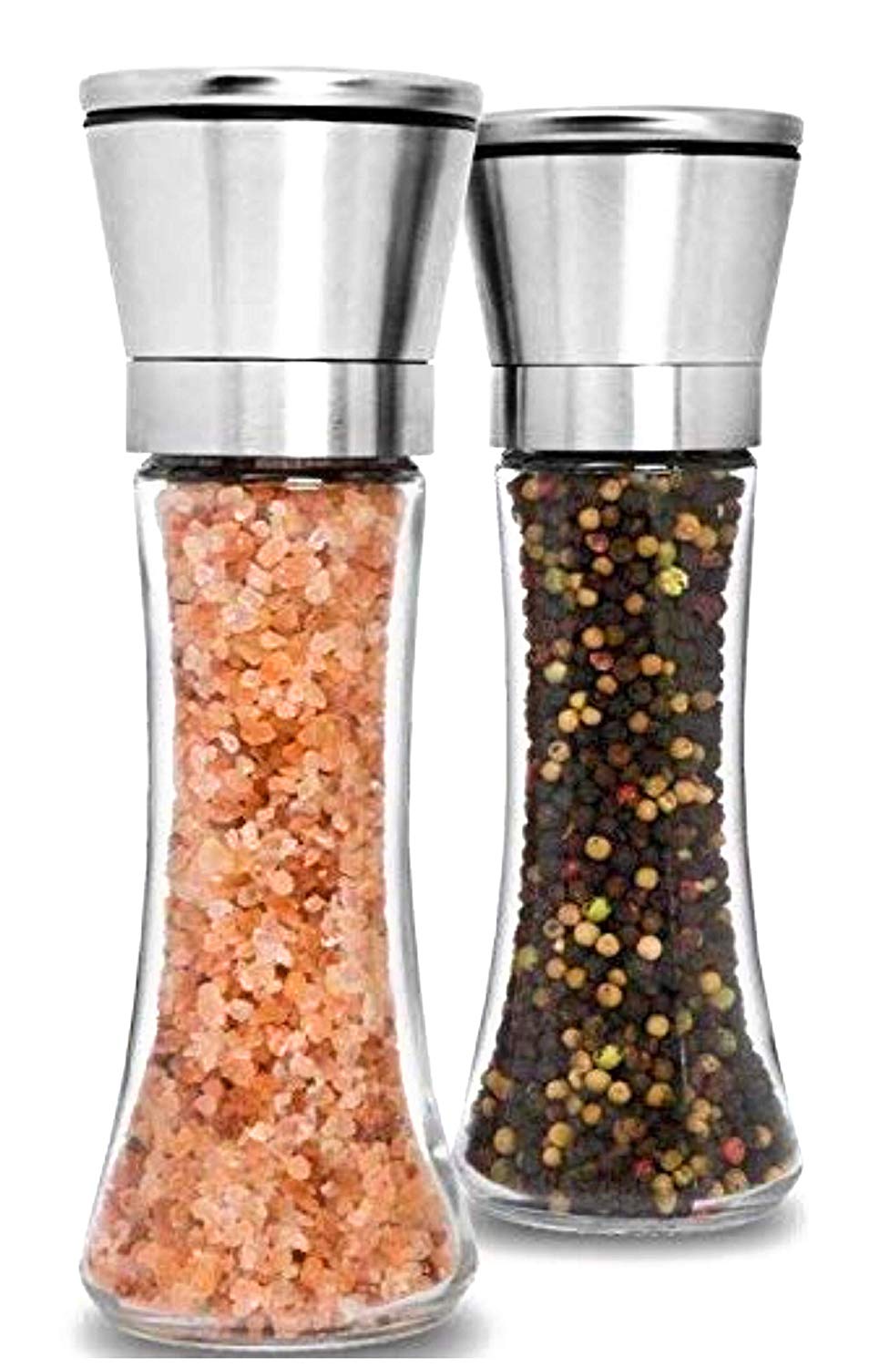 Home EC Premium Stainless Steel Salt and Pepper Grinder Set 4 Pack Adjustable Ceramic Sea Salt Grinder & Pepper Grinder, Tall Glass Salt and Pepper