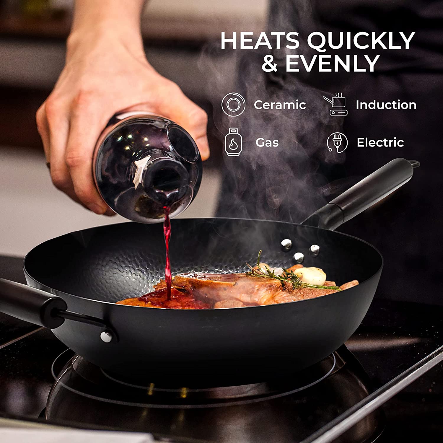 Home EC Carbon Steel Wok pan for Electric, Induction and Gas Stoves - 2mm  Thick Stir Fry Frying Pan – Nonstick, Scratch Resistant, with wooden helper  handle, wooden Lid, spatula, & cleaning