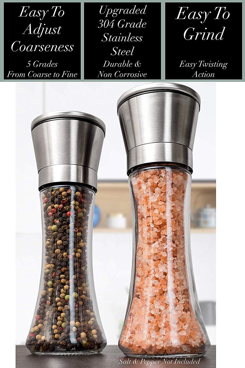 Home EC Premium Stainless Steel Sea Salt and Pepper Grinder Set of 2 -  Adjustable Ceramic - Tall Glass Salt and Pepper Shakers - Pepper Mill &  Salt