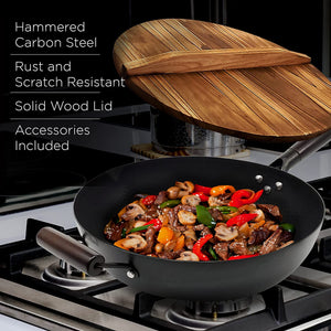 Home EC Carbon Steel Wok pan for Electric, Induction and Gas Stoves - 2mm Thick Stir Fry Frying Pan – Nonstick, Scratch Resistant, with wooden helper handle, wooden Lid, spatula, & cleaning brush - Home EC