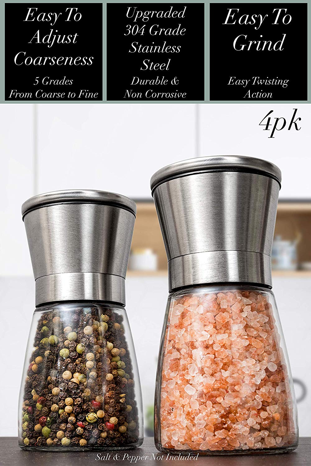 Stainless Steel Salt Pepper Grinder Tall Glass Sea Salt & Pepper