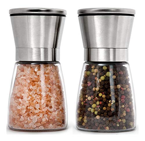 Wartter Stainless Steel Salt & Pepper Grinders Refillable Set - Two  Salt/Pepper Shakers with Adjustable Coarse Mills - Easy Clean Glass Grinders