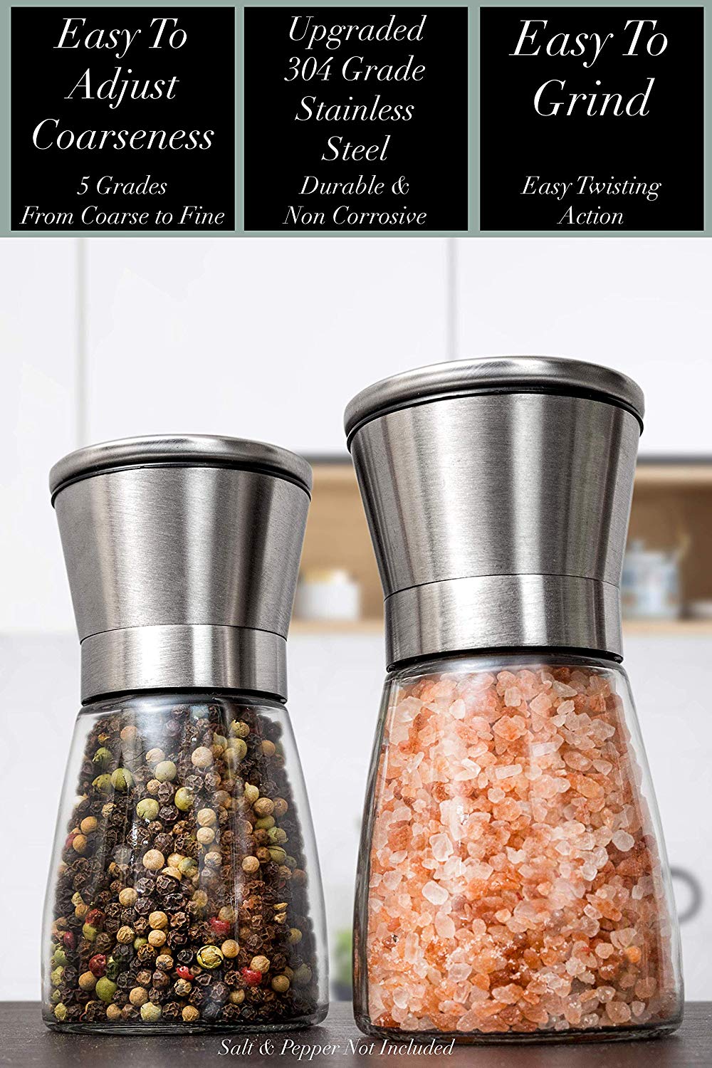Premium Stainless Steel Salt and Pepper Grinder Set of 2 - Adjustable  Ceramic Sea Salt Grinder & Pepper Grinder - Tall Glass Salt and Pepper  Shakers - Pepper Mill & Salt Mill